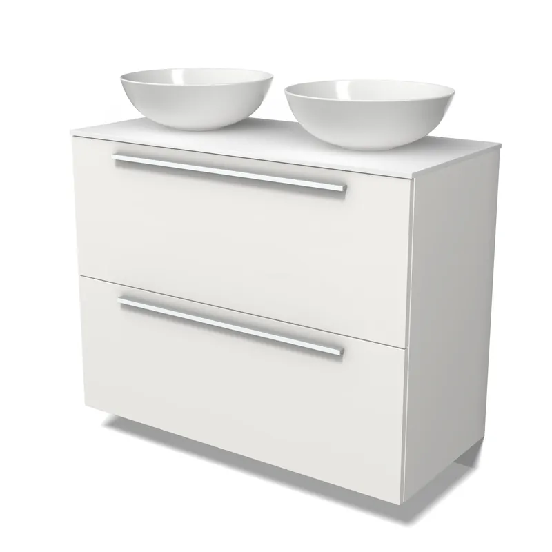 Gereduceerde Prijs Modulo Plato Badkamermeubel voor waskom | 100 cm Mat wit Vlak front Solid surface blad 2 hoge lades onder elkaar
