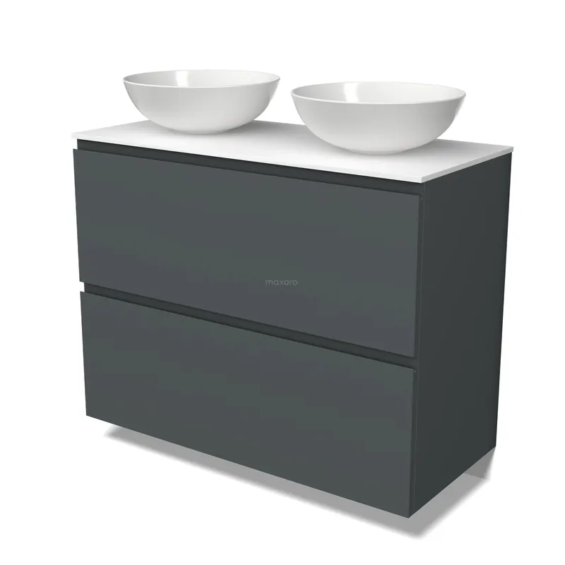 Modulo Plato Badkamermeubel voor waskom | 100 cm Donkergrijs Greeploos front Solid surface blad 2 hoge lades onder elkaar Gereduceerde Prijs