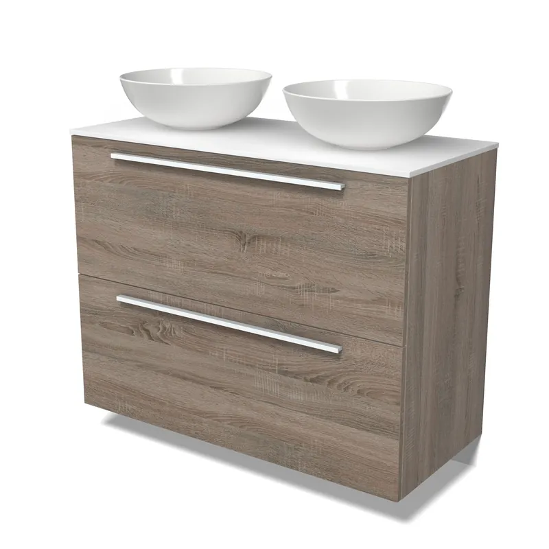 Modulo Plato Badkamermeubel voor waskom | 100 cm Eiken Vlak front Solid surface blad 2 hoge lades onder elkaar Weekendaanbieding