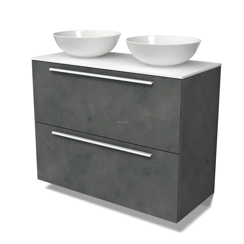 Modulo Plato Badkamermeubel voor waskom | 100 cm Donkergrijs beton Vlak front Solid surface blad 2 hoge lades onder elkaar Populair