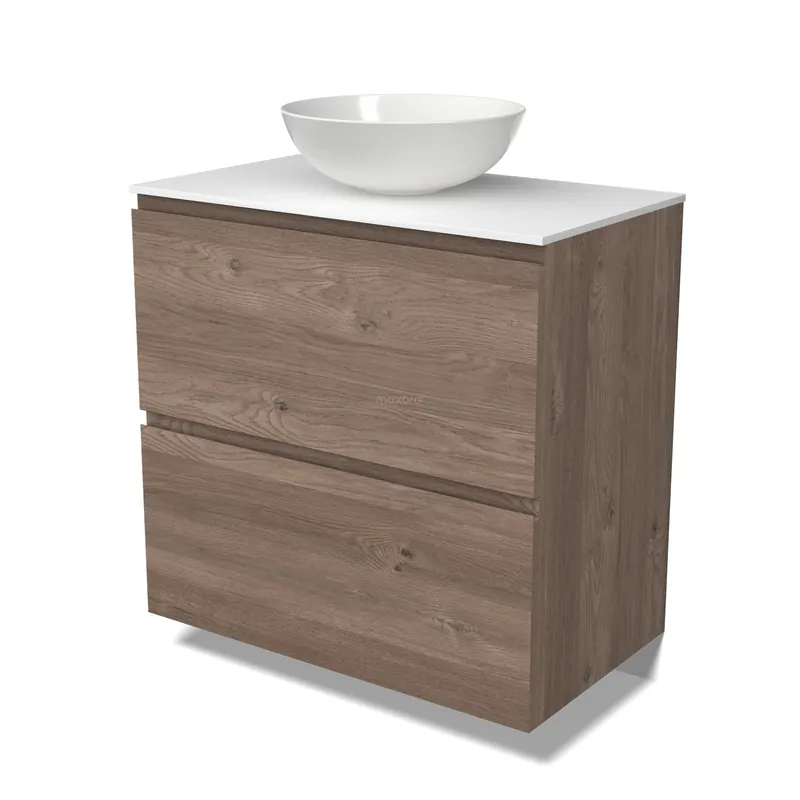 Laatste Versie Modulo Plato Badkamermeubel voor waskom | 80 cm Middenbruin eiken Greeploos front Solid surface blad 2 hoge lades onder elkaar