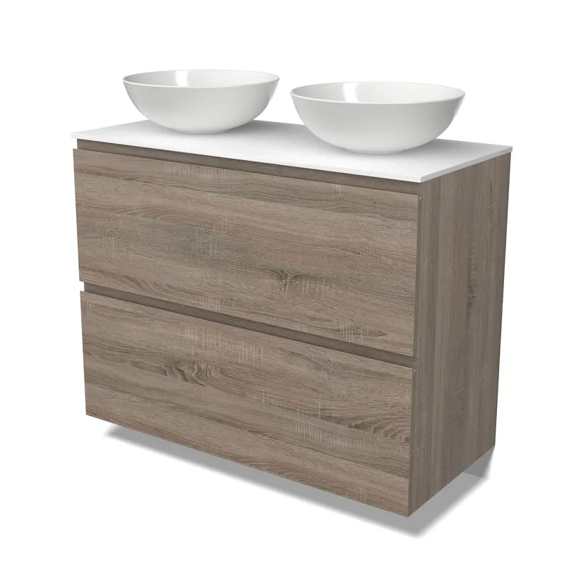 Modulo Plato Badkamermeubel voor waskom | 100 cm Eiken Greeploos front Solid surface blad 2 hoge lades onder elkaar Premium