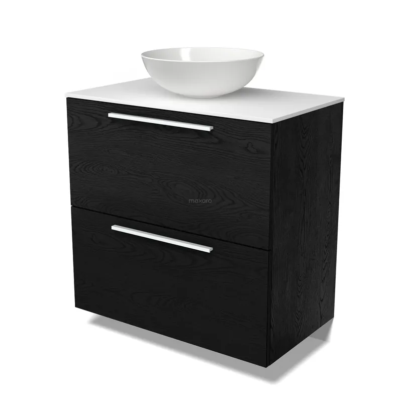 Bestel Nu Modulo Plato Badkamermeubel voor waskom | 80 cm Zwart eiken Vlak front Solid surface blad 2 hoge lades onder elkaar