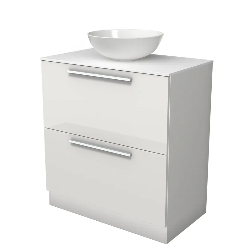 Ambachtelijk Modulo Plato Badkamermeubel voor waskom | 80 cm Hoogglans wit Vlak front Solid surface blad 2 hoge lades onder elkaar staand