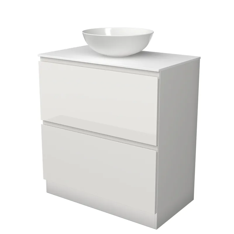 Modulo Plato Badkamermeubel voor waskom | 80 cm Hoogglans wit Greeploos front Solid surface blad 2 hoge lades onder elkaar staand Bestel Nu