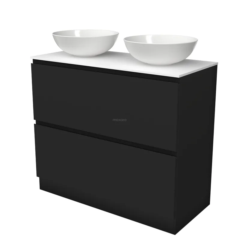 Modulo Plato Badkamermeubel voor waskom | 100 cm Mat zwart Greeploos front Solid surface blad 2 hoge lades onder elkaar staand Exclusieve Aanbieding