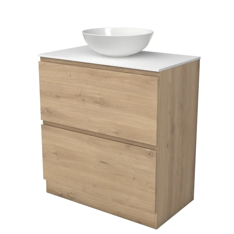 Modulo Plato Badkamermeubel voor waskom | 80 cm Lichtbruin eiken Greeploos front Solid surface blad 2 hoge lades onder elkaar staand Nieuw