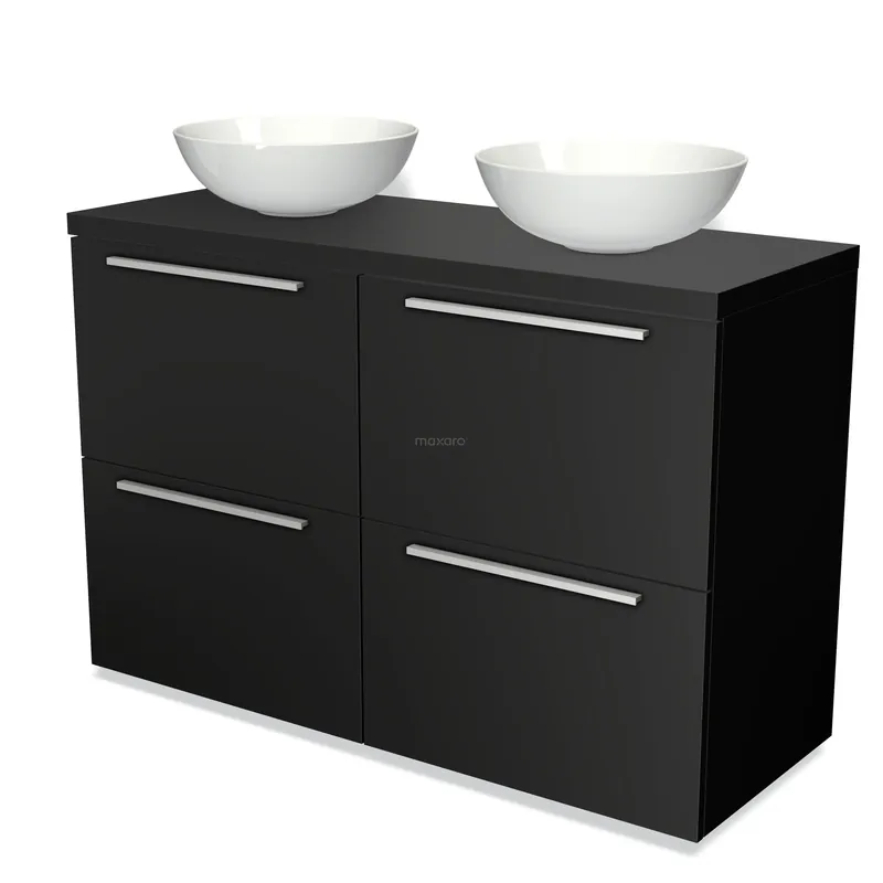 Modulo Plato Badkamermeubel voor waskom | 120 cm Mat zwart Vlak front Mat zwart blad 4 hoge lades Exclusief