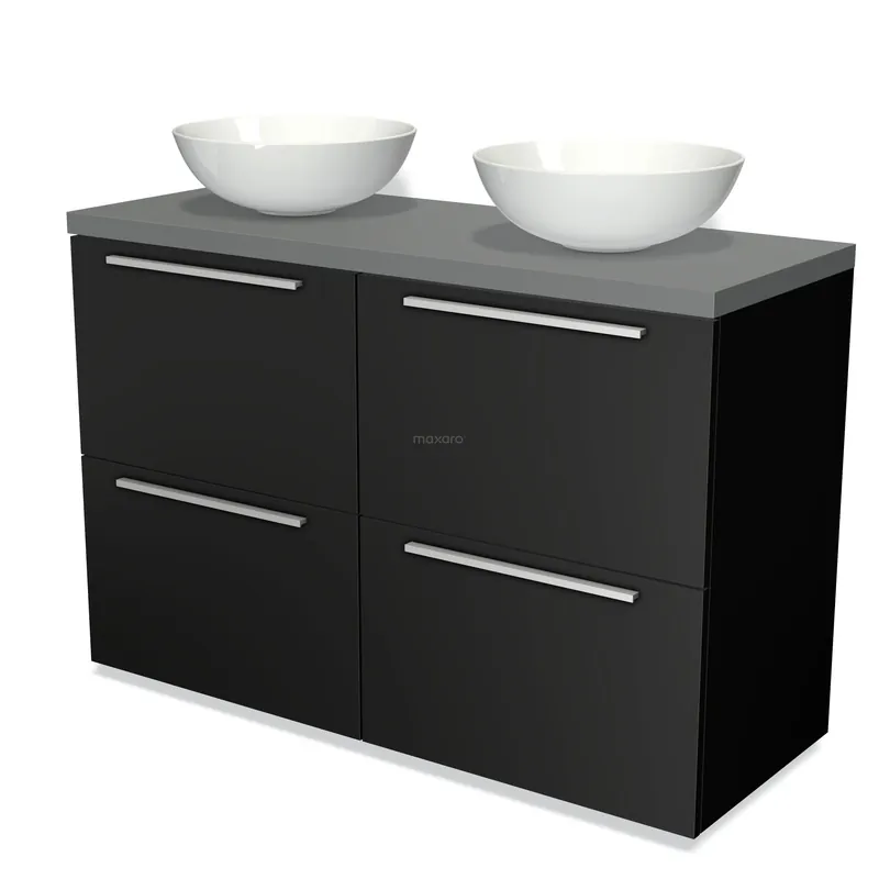 Modulo Plato Badkamermeubel voor waskom | 120 cm Mat zwart Vlak front Middengrijs blad 4 hoge lades Direct Beschikbaar