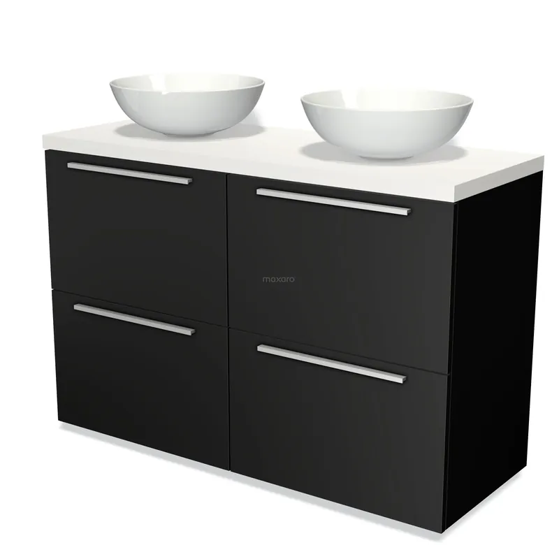 Nieuw Modulo Plato Badkamermeubel voor waskom | 120 cm Mat zwart Vlak front Mat wit blad 4 hoge lades