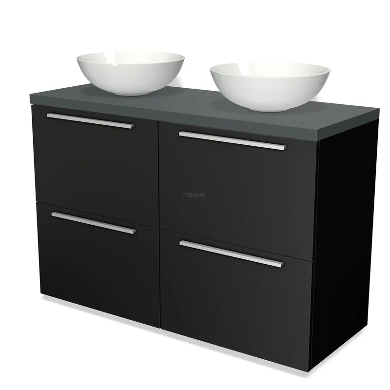 Gecertificeerd Modulo Plato Badkamermeubel voor waskom | 120 cm Mat zwart Vlak front Donkergrijs blad 4 hoge lades