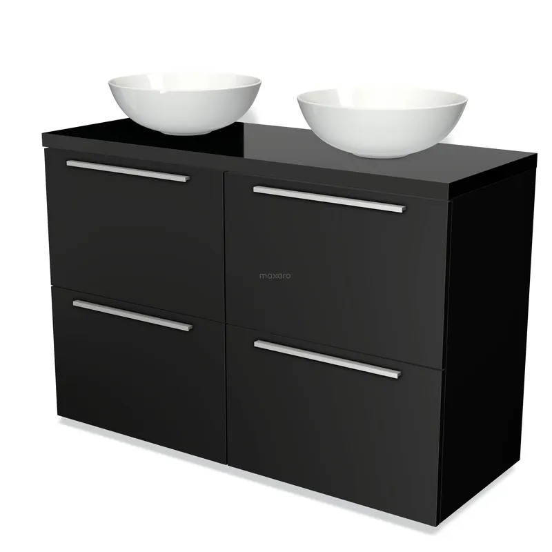 Modulo Plato Badkamermeubel voor waskom | 120 cm Mat zwart Vlak front Hoogglans zwart blad 4 hoge lades Alleen Vandaag