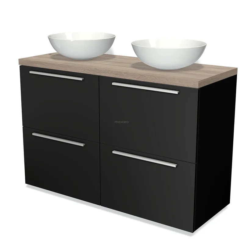 Flitsaanbieding Modulo Plato Badkamermeubel voor waskom | 120 cm Mat zwart Vlak front Eiken blad 4 hoge lades