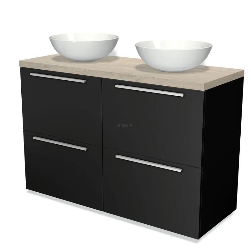Must-Have Modulo Plato Badkamermeubel voor waskom | 120 cm Mat zwart Vlak front Lichtgrijs eiken blad 4 hoge lades