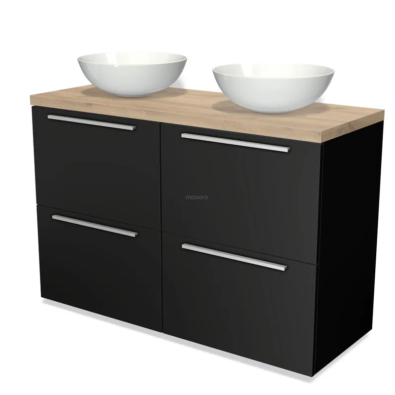 Modulo Plato Badkamermeubel voor waskom | 120 cm Mat zwart Vlak front Lichtbruin eiken blad 4 hoge lades Koop Online