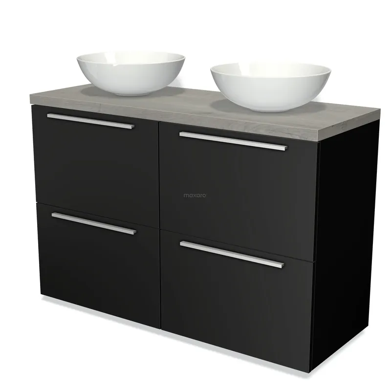 Gereduceerde Prijs Modulo Plato Badkamermeubel voor waskom | 120 cm Mat zwart Vlak front Grijs eiken blad 4 hoge lades