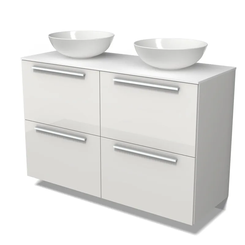 Express Levering Modulo Plato Badkamermeubel voor waskom | 120 cm Hoogglans wit Vlak front Solid surface blad 4 hoge lades