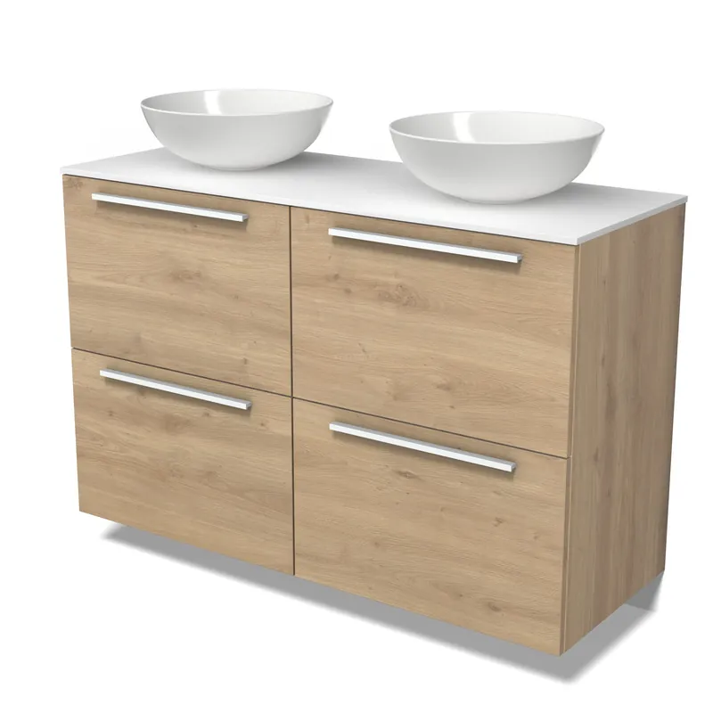 Gratis Retour Modulo Plato Badkamermeubel voor waskom | 120 cm Lichtbruin eiken Vlak front Solid surface blad 4 hoge lades
