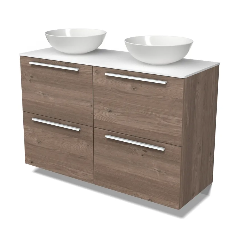 Modulo Plato Badkamermeubel voor waskom | 120 cm Middenbruin eiken Vlak front Solid surface blad 4 hoge lades Gecertificeerd