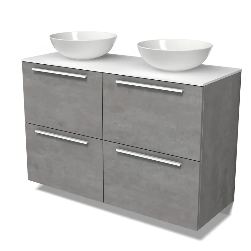 Finale Uitverkoop Modulo Plato Badkamermeubel voor waskom | 120 cm Lichtgrijs beton Vlak front Solid surface blad 4 hoge lades