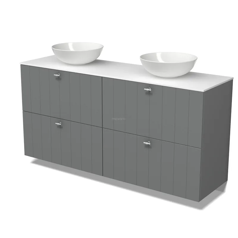 Ambachtelijk Modulo Plato Badkamermeubel voor waskom | 160 cm Middengrijs Lamel front Solid surface blad 4 hoge lades