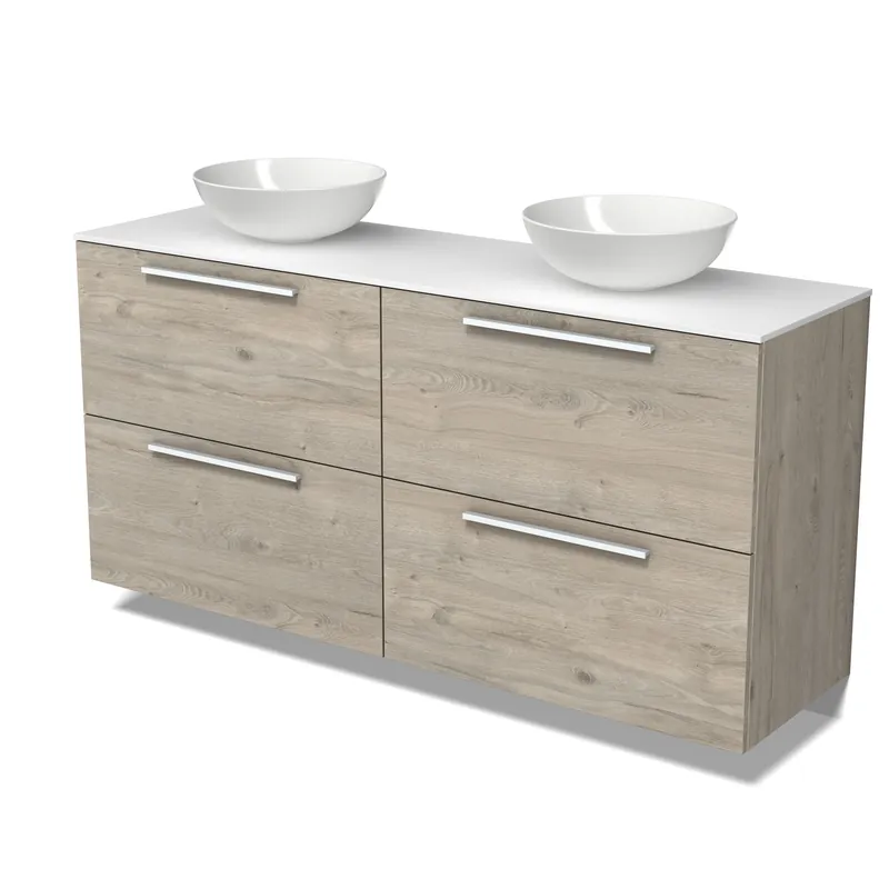 Handgemaakt Modulo Plato Badkamermeubel voor waskom | 160 cm Lichtgrijs eiken Vlak front Solid surface blad 4 hoge lades