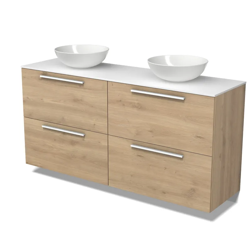 Wereldwijde Verzending Modulo Plato Badkamermeubel voor waskom | 160 cm Lichtbruin eiken Vlak front Solid surface blad 4 hoge lades
