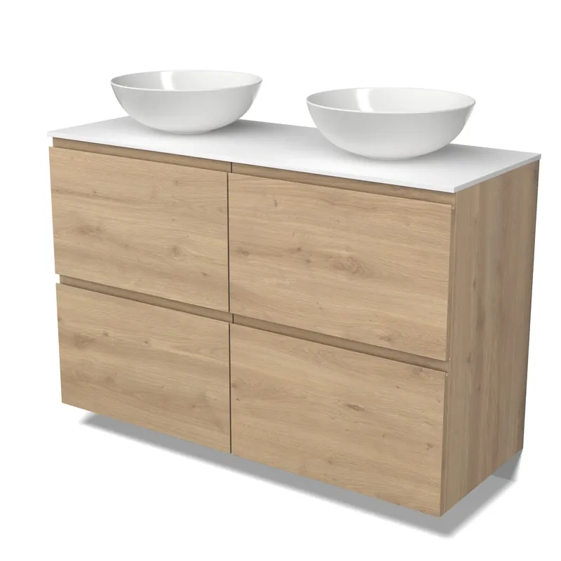 Modulo Plato Badkamermeubel voor waskom | 120 cm Lichtbruin eiken Greeploos front Solid surface blad 4 hoge lades Koopje