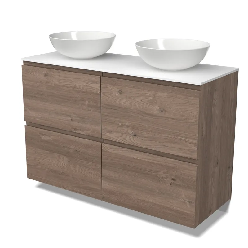 Modulo Plato Badkamermeubel voor waskom | 120 cm Middenbruin eiken Greeploos front Solid surface blad 4 hoge lades Speciale Aanbieding