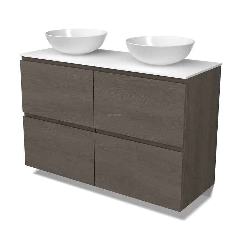Nu Kopen Modulo Plato Badkamermeubel voor waskom | 120 cm Donkerbruin eiken Greeploos front Solid surface blad 4 hoge lades