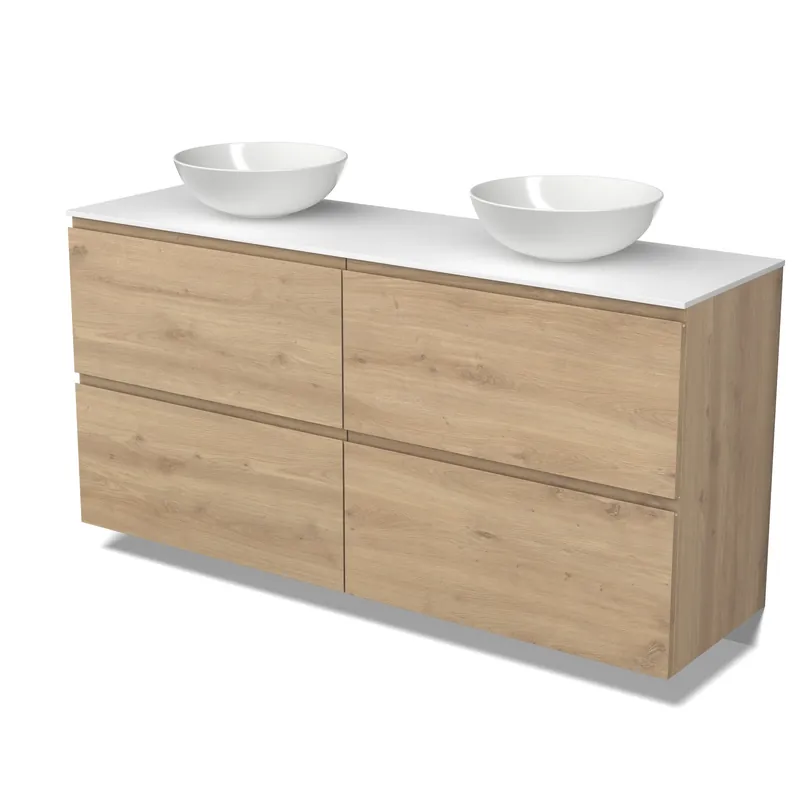 Modulo Plato Badkamermeubel voor waskom | 160 cm Lichtbruin eiken Greeploos front Solid surface blad 4 hoge lades Express Levering