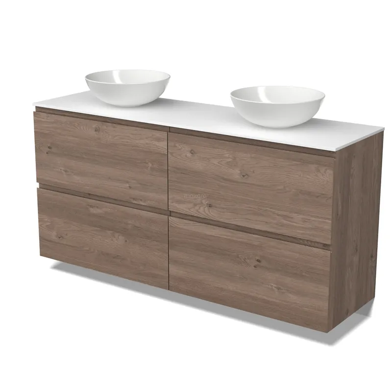 Modulo Plato Badkamermeubel voor waskom | 160 cm Middenbruin eiken Greeploos front Solid surface blad 4 hoge lades Hoge Kwaliteit