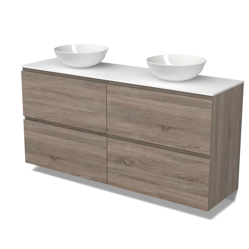 Modulo Plato Badkamermeubel voor waskom | 160 cm Eiken Greeploos front Solid surface blad 4 hoge lades Fabrieksprijs