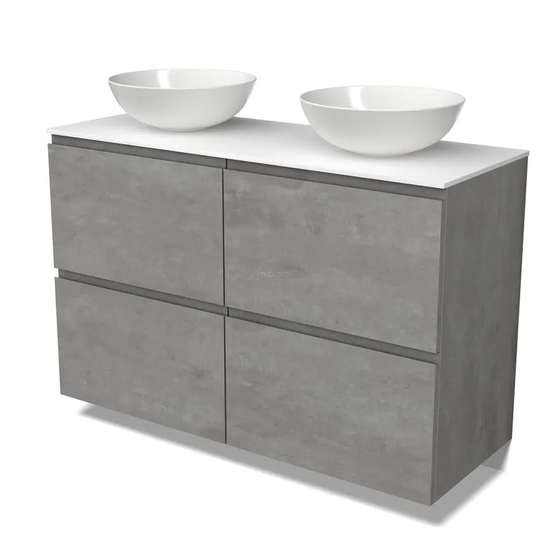 Modulo Plato Badkamermeubel voor waskom | 120 cm Lichtgrijs beton Greeploos front Solid surface blad 4 hoge lades In De Mode