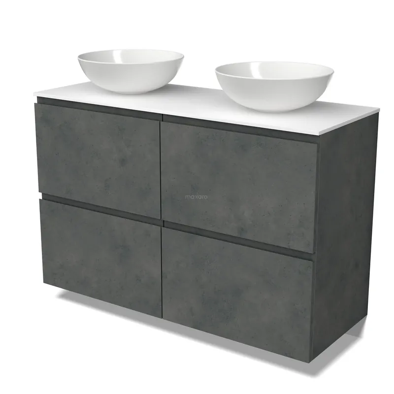 Modulo Plato Badkamermeubel voor waskom | 120 cm Donkergrijs beton Greeploos front Solid surface blad 4 hoge lades Snelle Levering