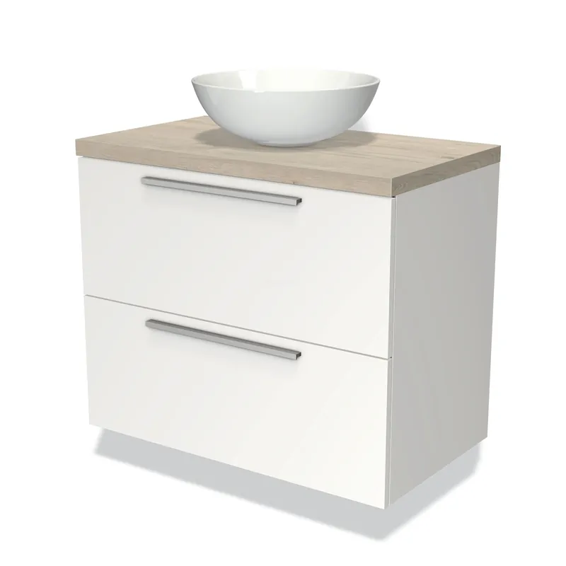 Alleen Vandaag Modulo Plato Badkamermeubel voor waskom | 80 cm Mat wit Vlak front Lichtgrijs eiken blad 2 lades onder elkaar
