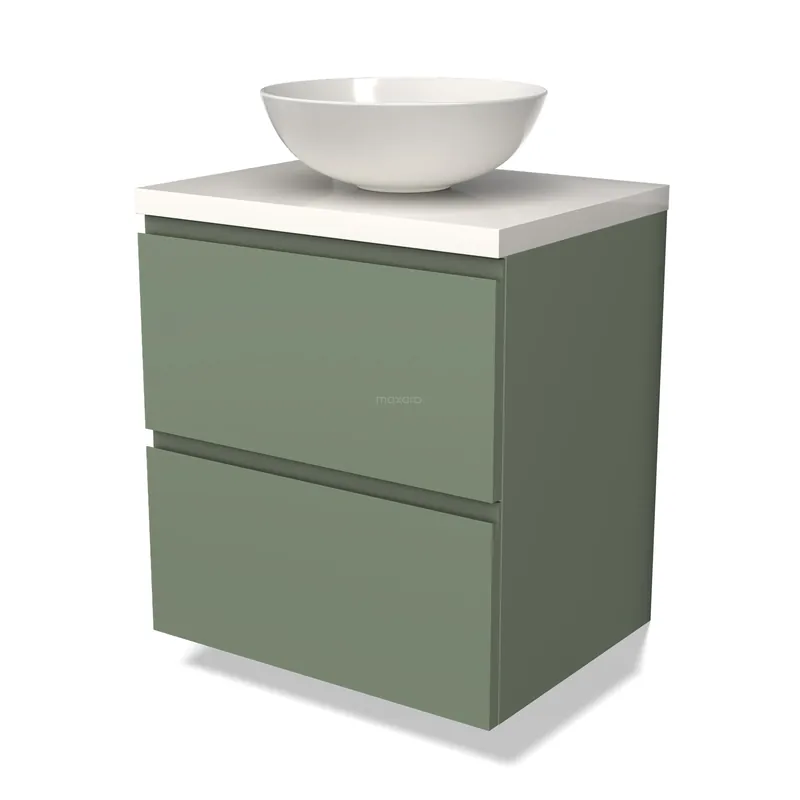 Modulo Plato Badkamermeubel voor waskom | 60 cm Saliegroen Greeploos front Hoogglans wit blad 2 lades onder elkaar Modern
