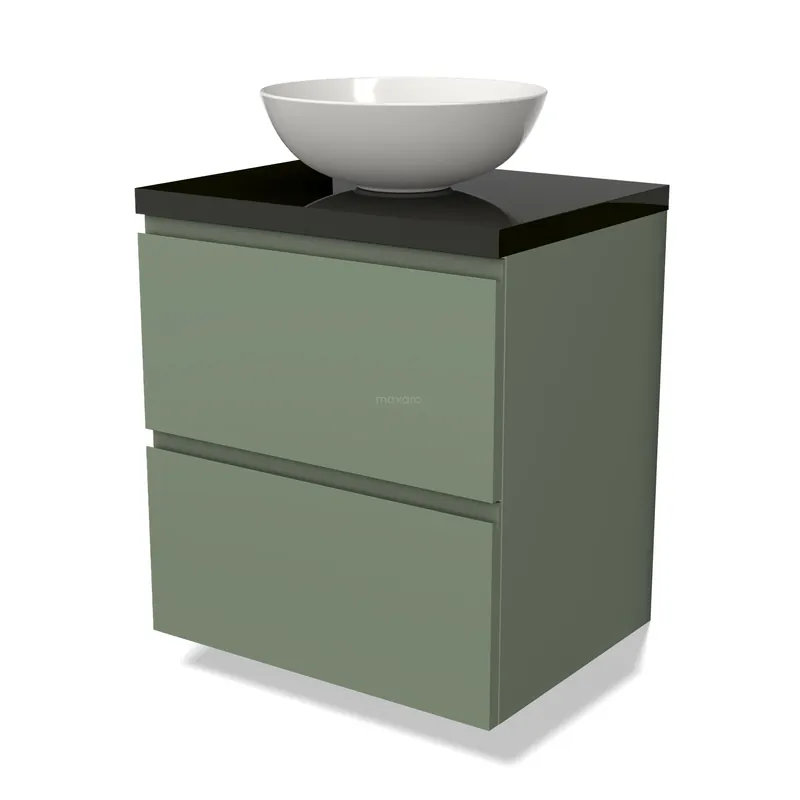 Flitsaanbieding Modulo Plato Badkamermeubel voor waskom | 60 cm Saliegroen Greeploos front Hoogglans zwart blad 2 lades onder elkaar