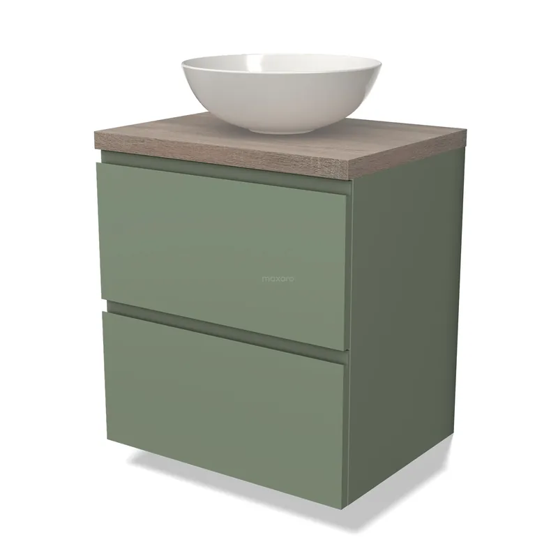 Flitsaanbieding Modulo Plato Badkamermeubel voor waskom | 60 cm Saliegroen Greeploos front Eiken blad 2 lades onder elkaar