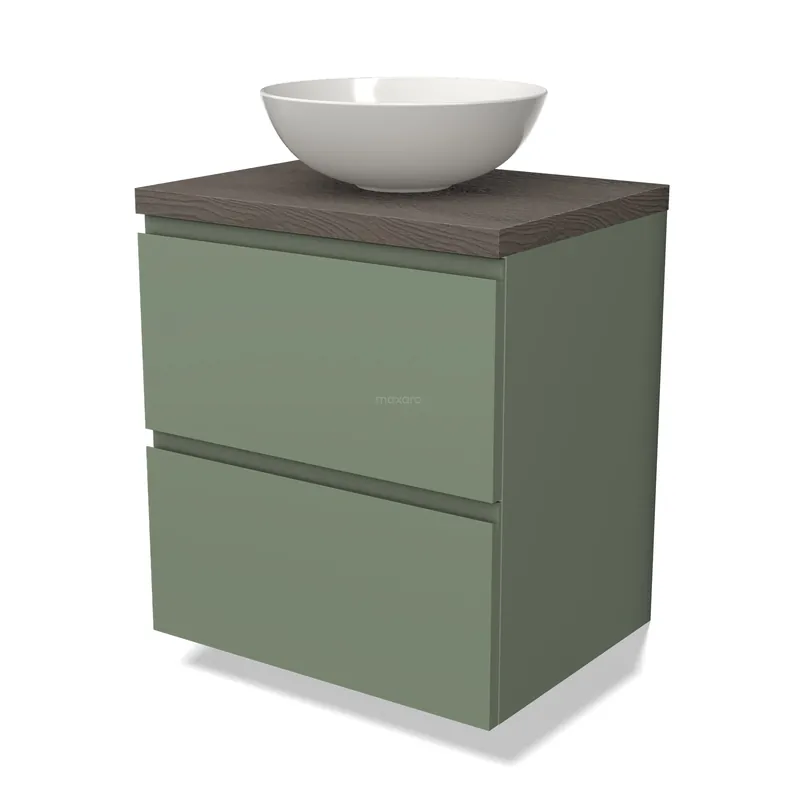 Snelle Levering Modulo Plato Badkamermeubel voor waskom | 60 cm Saliegroen Greeploos front Donkerbruin eiken blad 2 lades onder elkaar