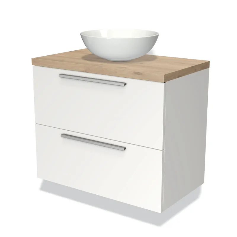 Direct Verzonden Modulo Plato Badkamermeubel voor waskom | 80 cm Mat wit Vlak front Lichtbruin eiken blad 2 lades onder elkaar
