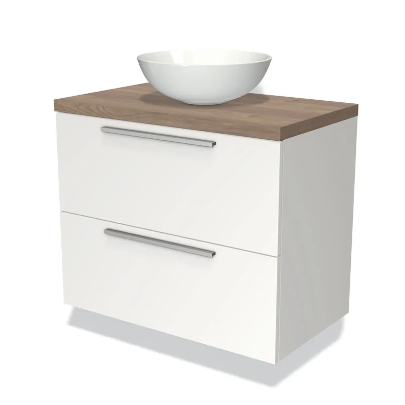 Nu Kopen Modulo Plato Badkamermeubel voor waskom | 80 cm Mat wit Vlak front Middenbruin eiken blad 2 lades onder elkaar