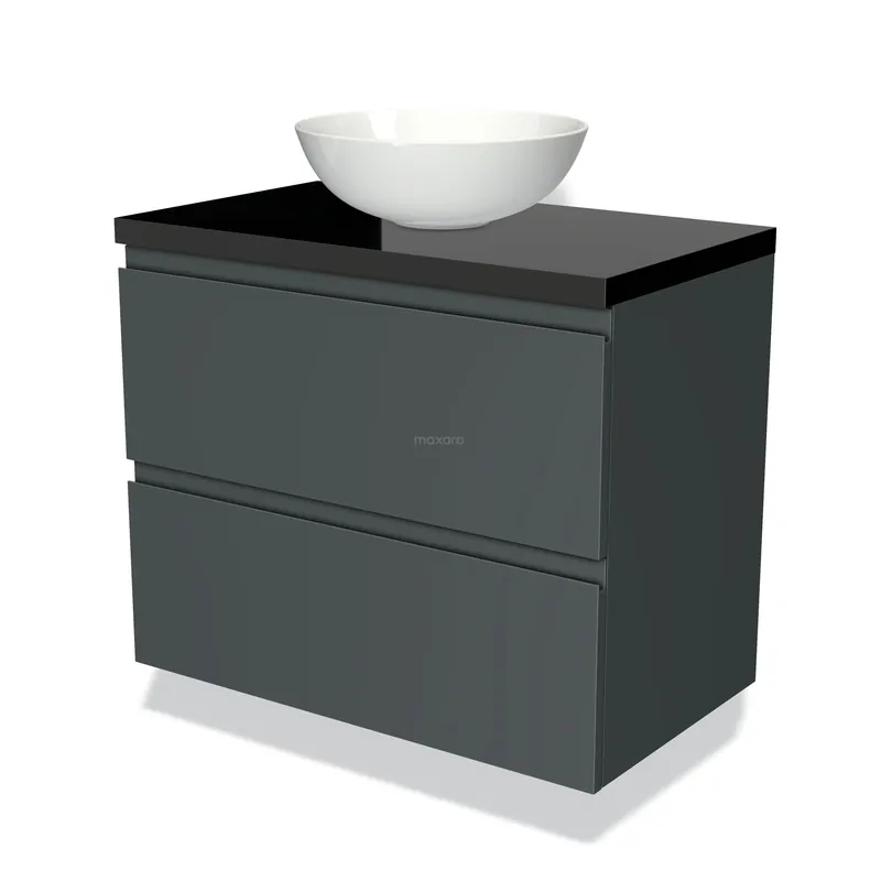 Modulo Plato Badkamermeubel voor waskom | 80 cm Donkergrijs Greeploos front Hoogglans zwart blad 2 lades onder elkaar Exclusief