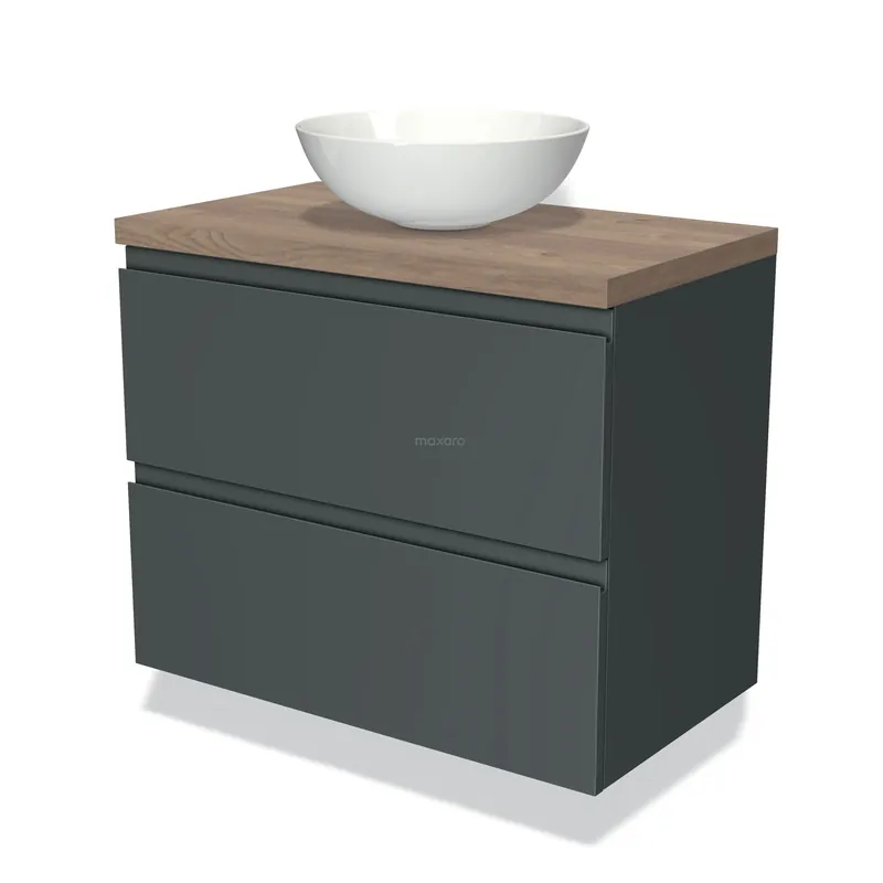 Trendy Modulo Plato Badkamermeubel voor waskom | 80 cm Donkergrijs Greeploos front Middenbruin eiken blad 2 lades onder elkaar