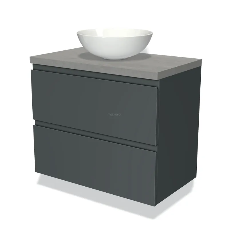 Modulo Plato Badkamermeubel voor waskom | 80 cm Donkergrijs Greeploos front Lichtgrijs beton blad 2 lades onder elkaar Koop Online