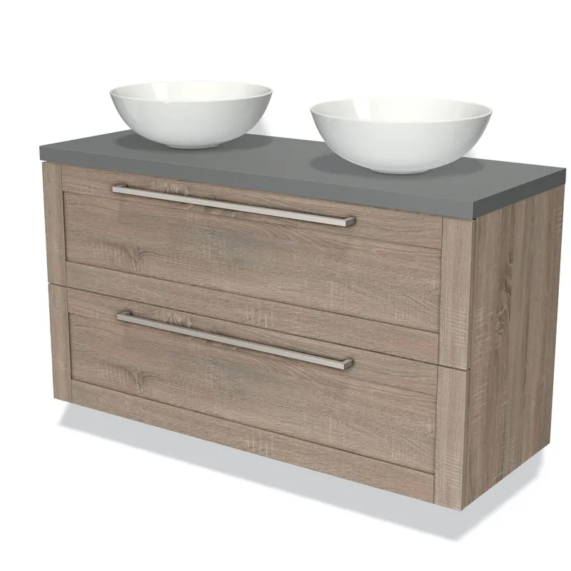 Modulo Plato Badkamermeubel voor waskom | 120 cm Eiken Kader front Middengrijs blad 2 lades onder elkaar Weekendaanbieding