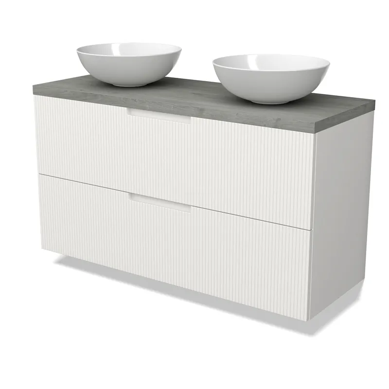 Nieuw Model Modulo Plato Badkamermeubel voor waskom | 120 cm Mat wit Lijn front Grijs eiken blad 2 lades onder elkaar
