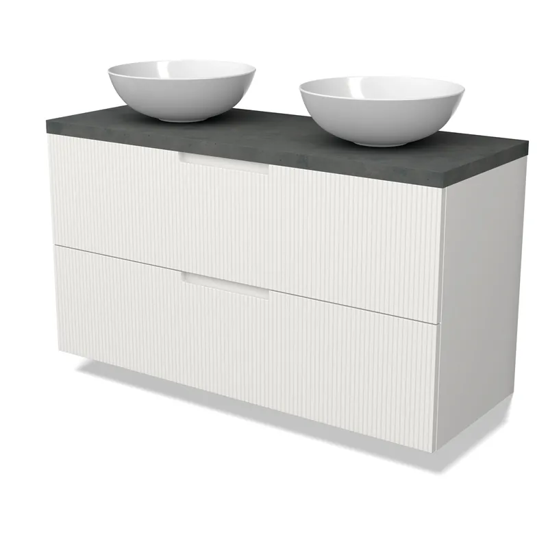 Modulo Plato Badkamermeubel voor waskom | 120 cm Mat wit Lijn front Donkergrijs beton blad 2 lades onder elkaar Beste Prijs