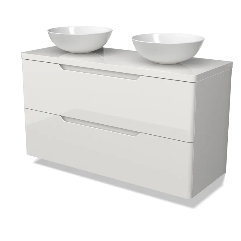 Modulo Plato Badkamermeubel voor waskom | 120 cm Hoogglans wit Rond front Hoogglans wit blad 2 lades onder elkaar Korting
