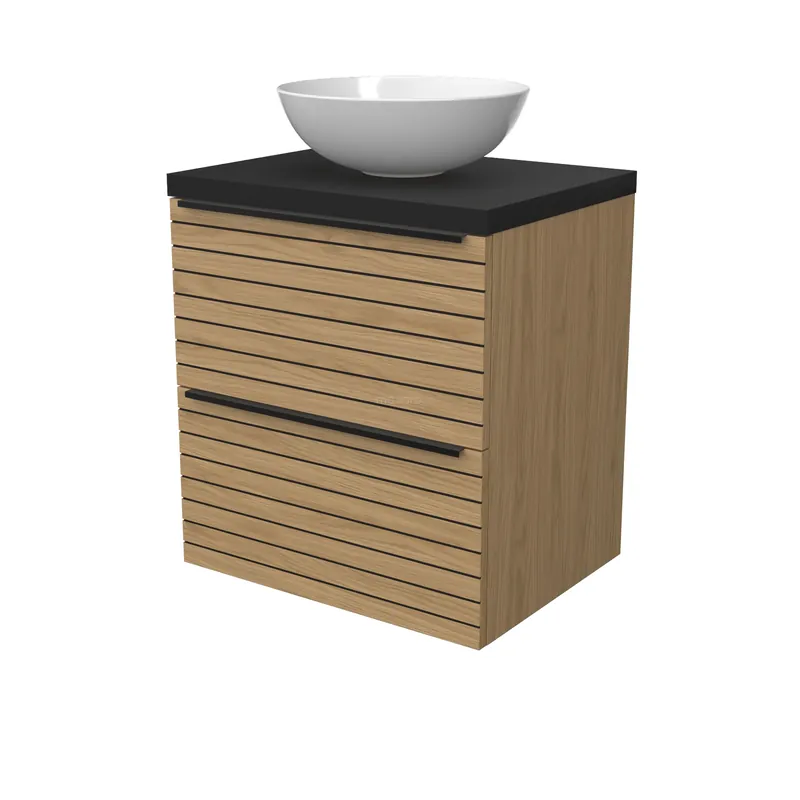 Modulo Plato Badkamermeubel voor waskom | 60 cm Naturel fineer Strook front Mat zwart blad 2 lades onder elkaar Lage Kosten